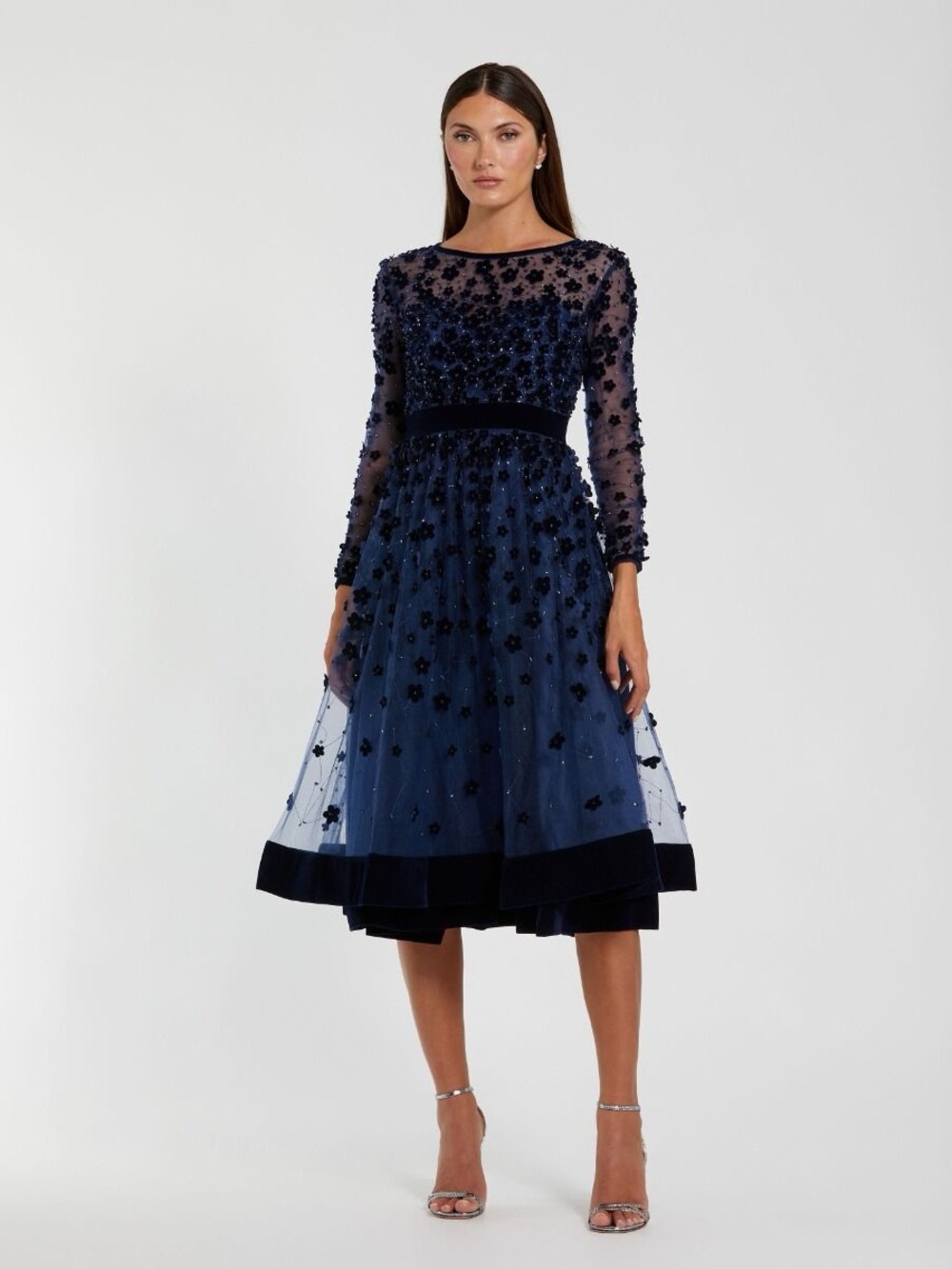 Mac Duggal 67007 Velvet Embellished Illusion Long Sleeve A-Line Midi Dress Sz 6